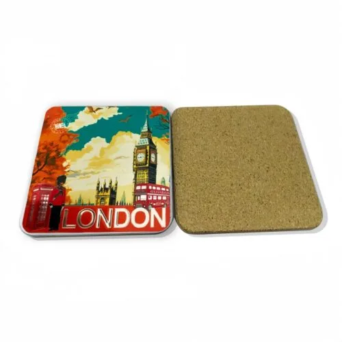 Wholesale Waterproof London Souvenir Coffee Mdf Coaster Pads Beer Drink Foil Paper Finish Square Cork Printed Cosater Custom