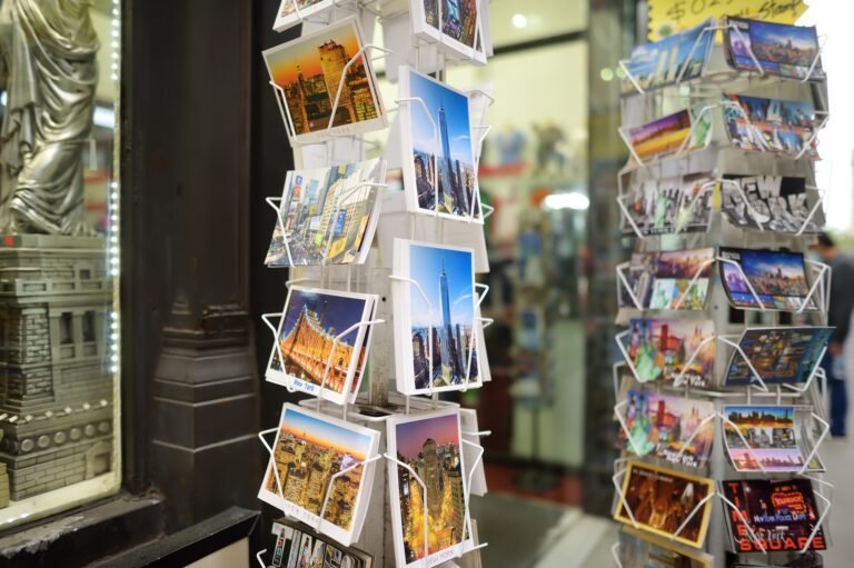 Sale of postcards, bookmarks, calendars, magnets and other souvenirs on the street of New York