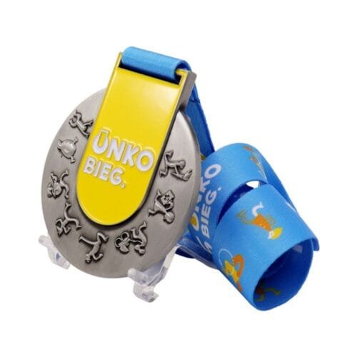 Yellow soft enamel medal with white lettering and blue ribbon