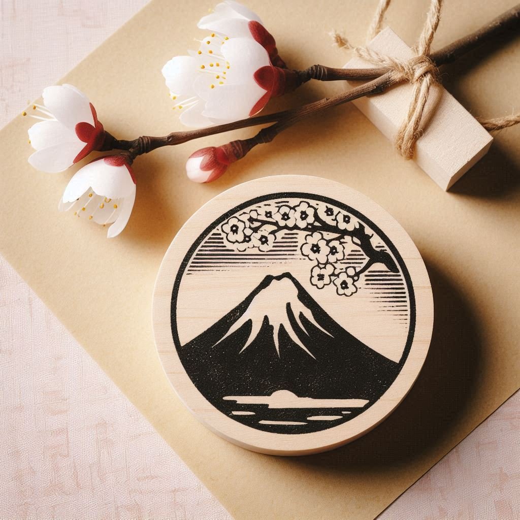 Minimalist woodblock-style Fuji magnet on a washi paper backdrop, cherry blossom branch beside it, Japanese zen aesthetic.