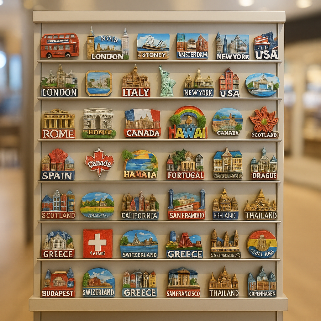 A bright, neatly arranged retail display with various souvenir fridge magnets from different cities or countries.