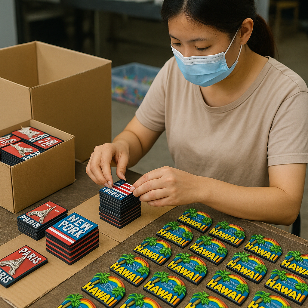 A factory worker assembling or packaging customized magnets.