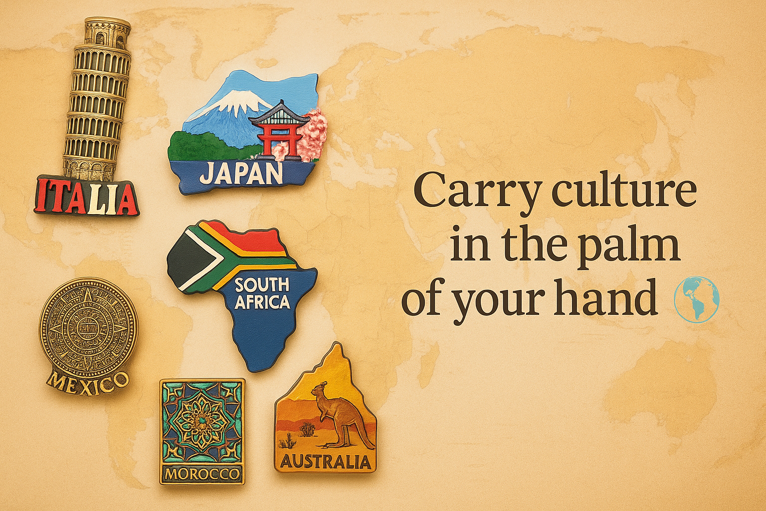 Collage of global fridge magnets on vintage world map background