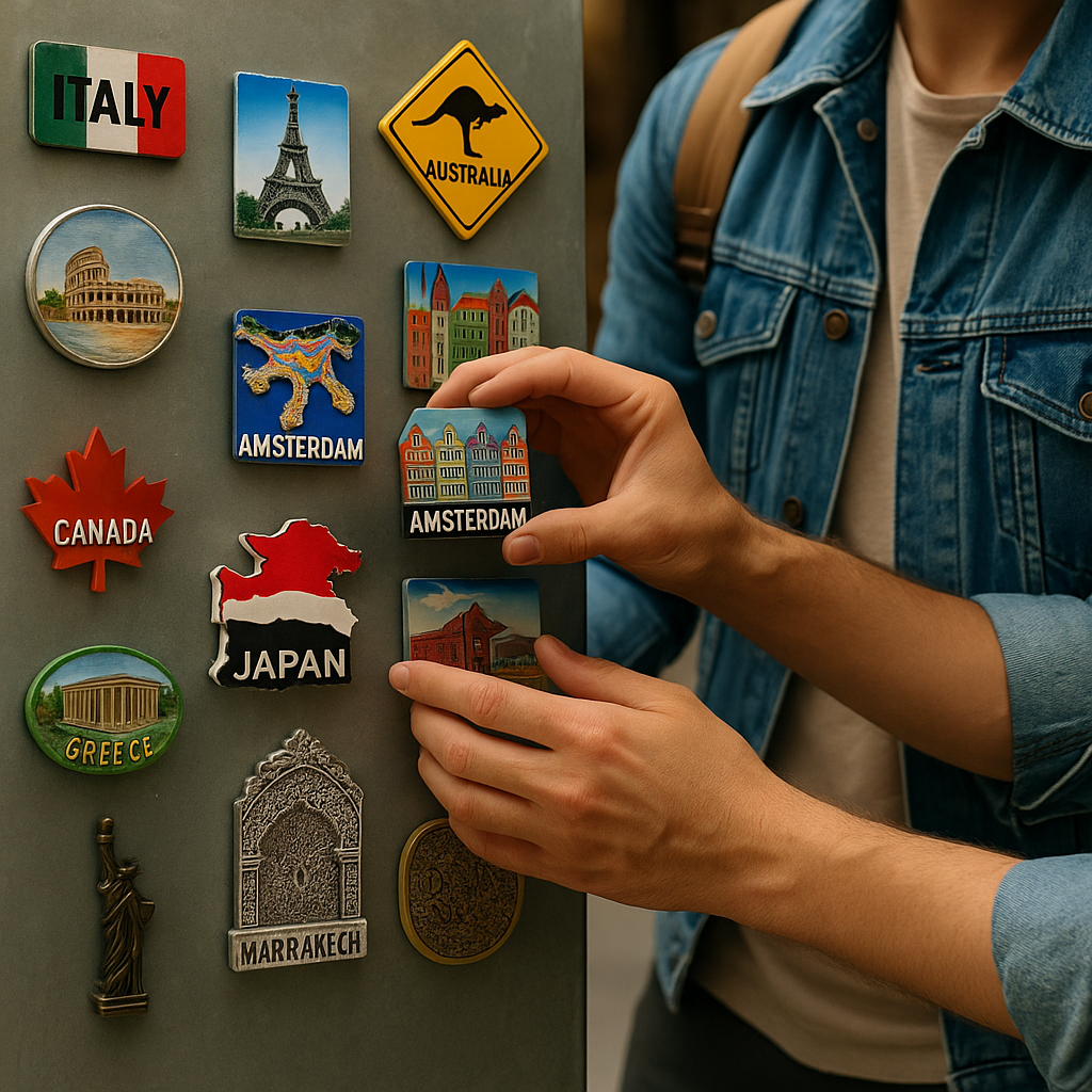 A traveler placing a fridge magnet on a metal board with other souvenirs from different countries.