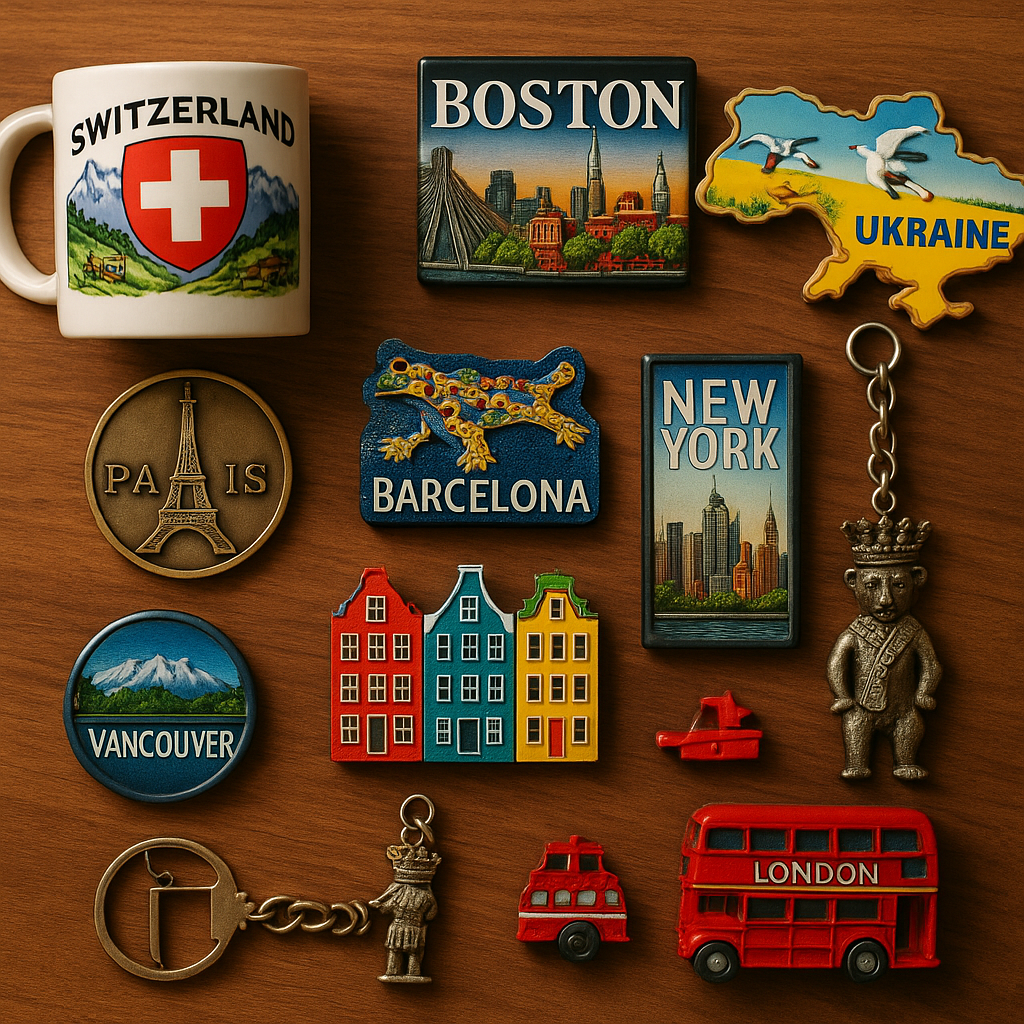 A wooden tabletop featuring a mix of customized souvenirs — magnets, pins, mugs, and keychains.