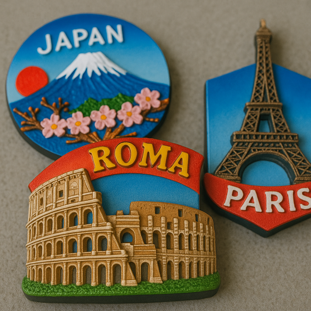 Close-up of 3D resin magnets with themes of the Colosseum, Mount Fuji, and the Eiffel Tower