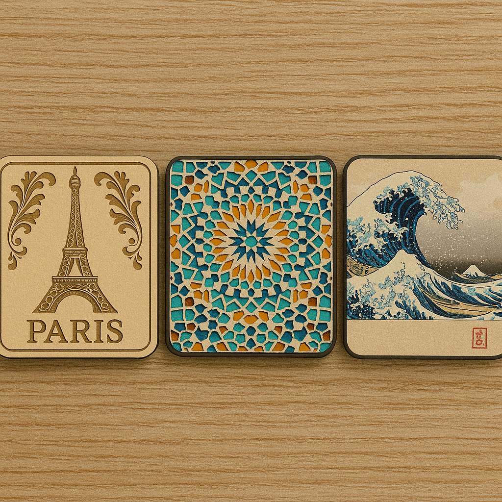 "Eiffel Tower + French pattern", "Moroccan mosaic pattern magnet", "Japanese Ukiyo-e + Mount Fuji combination"