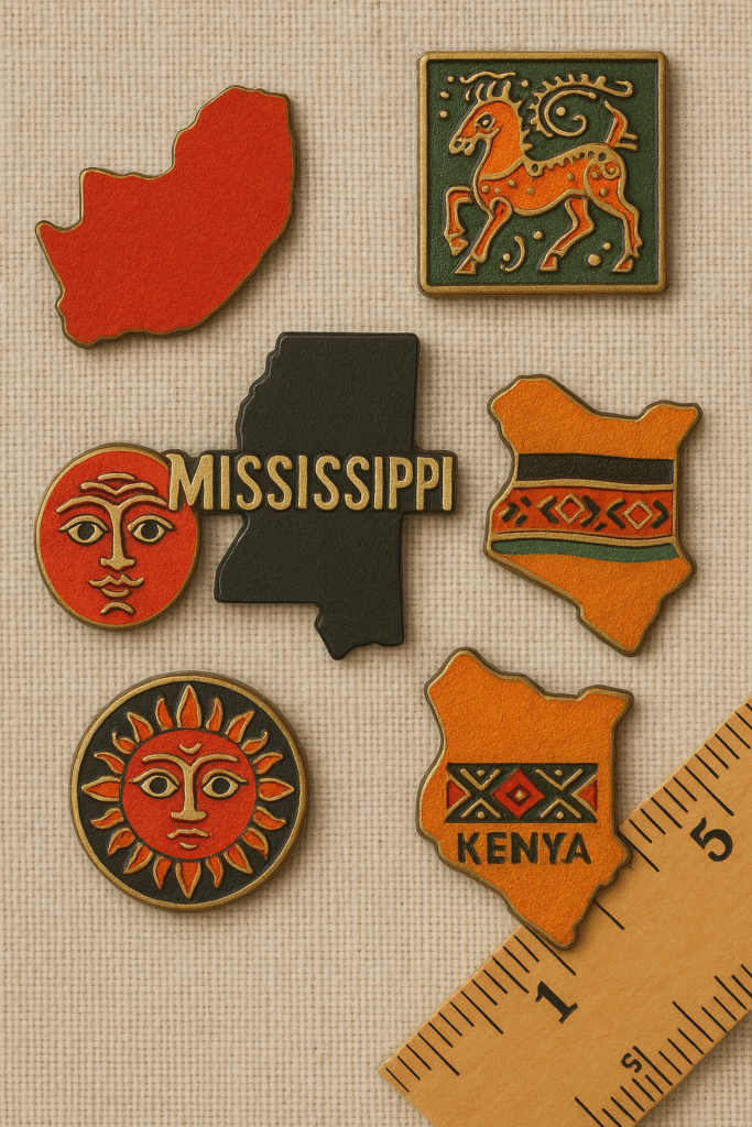 Assorted metal badges featuring maps and ethnic designs