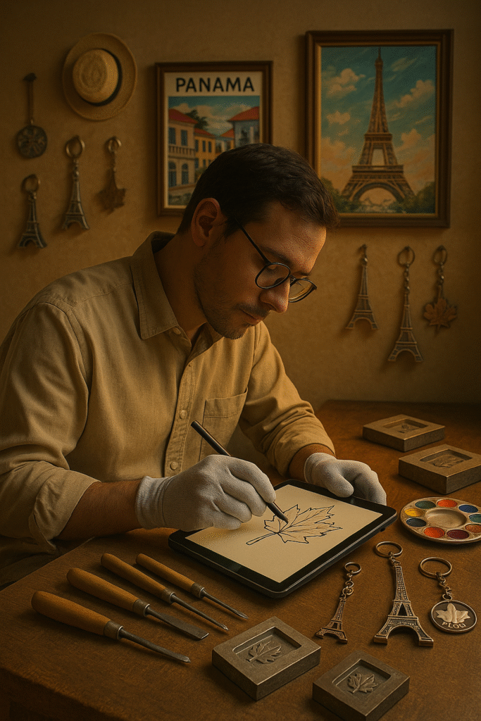 Local artist designing a regional souvenir magnet on tablet
