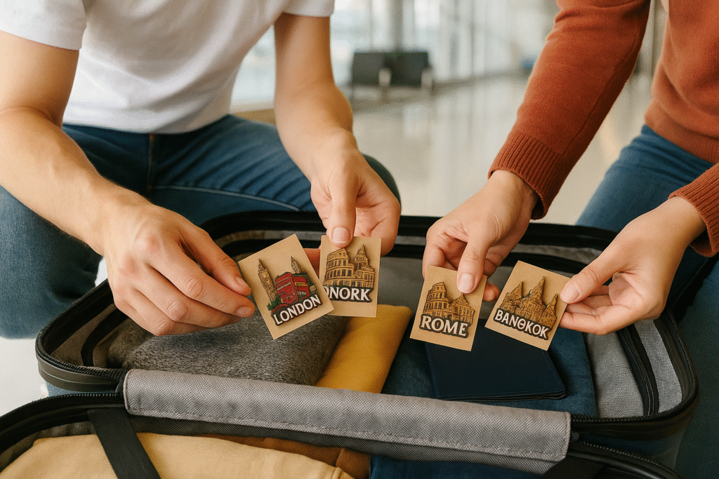 Tourist packing lightweight magnets into cabin bag