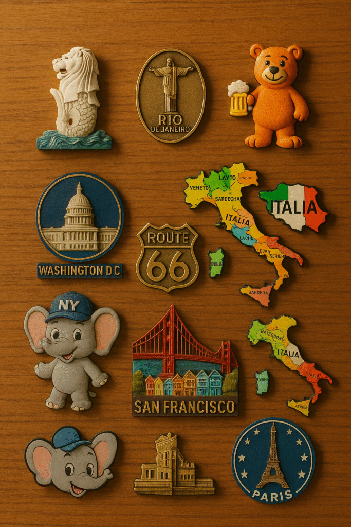 Different types of magnets (3D resin, metal laser, map, cartoon animal, landmark building, etc.)