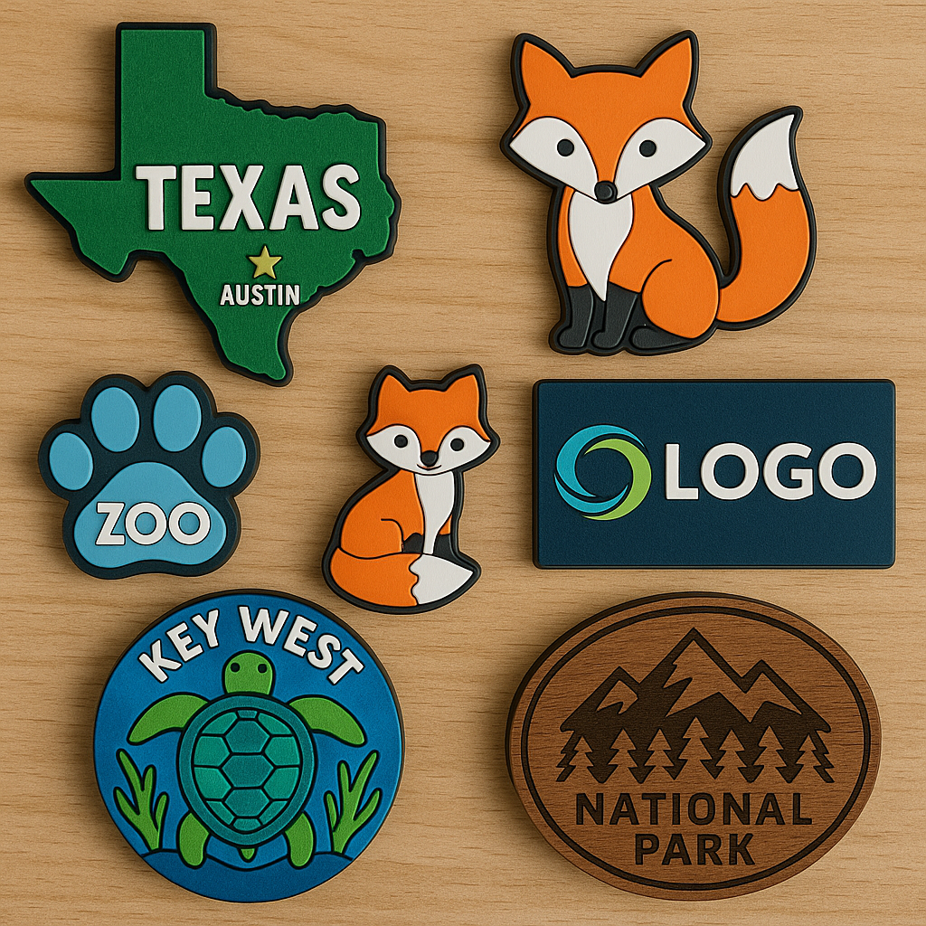 Flat-lay of magnet samples with different shapes (map, animals, logos) and printing styles (3D resin, enamel, laser engraved).