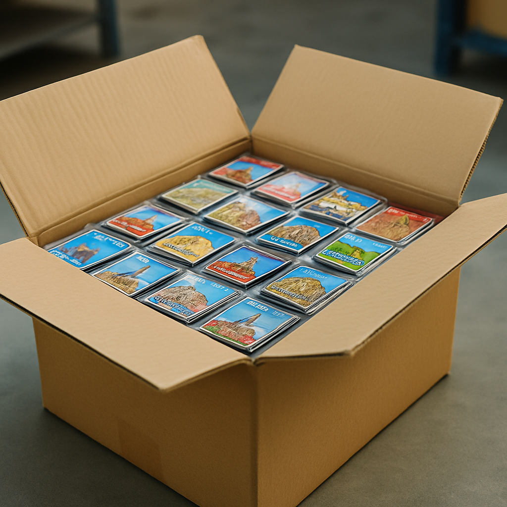 An opened carton with neatly packed magnetic tiles