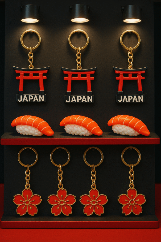 Japan‑inspired keychains showcased under trade‑fair lights
