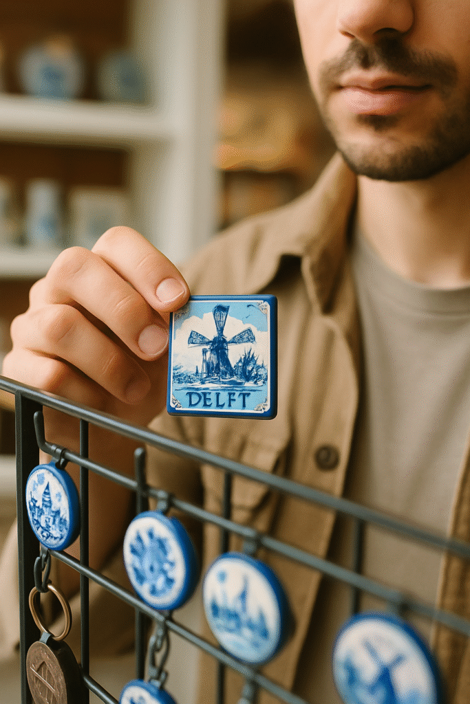 Tourist selecting a blue Delft magnet in a museum gift aisle
