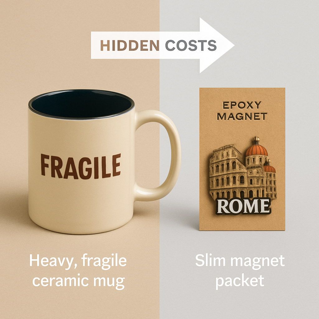 Comparison of bulky ceramic mug and lightweight fridge magnet