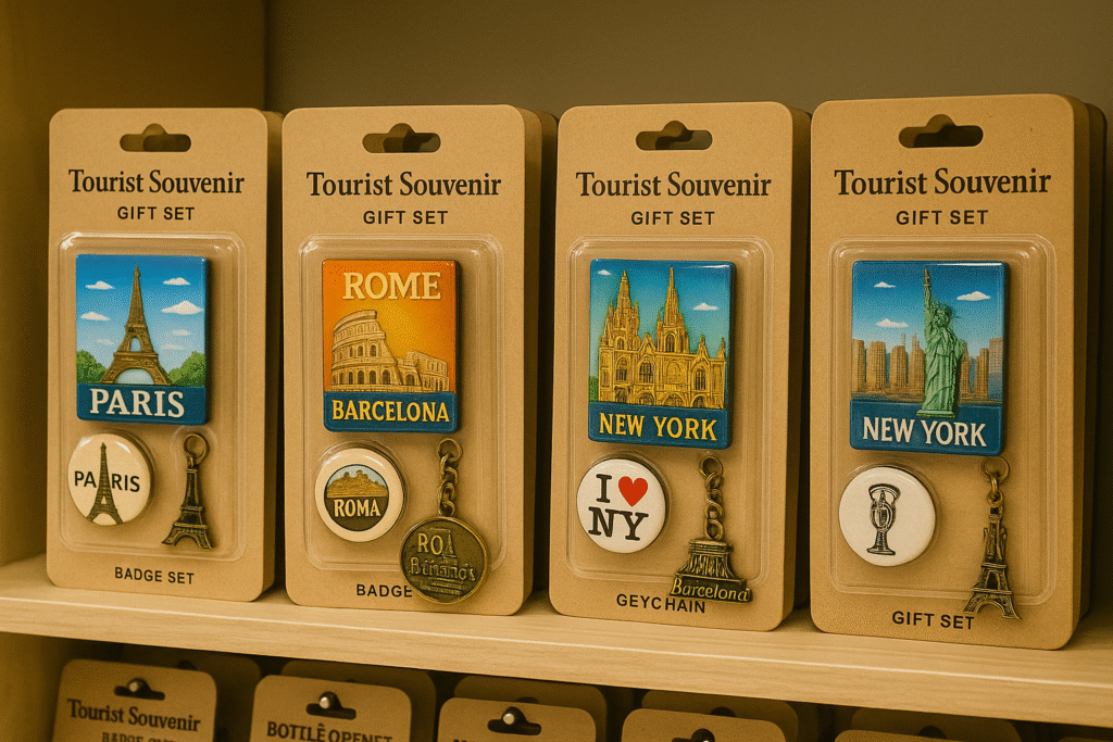 Sets of magnets, badges, keychains, etc. displayed on retail shelves