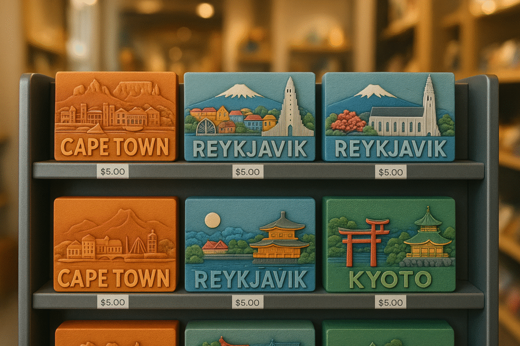 Rainbow rack of city‑branded magnets in a boutique store