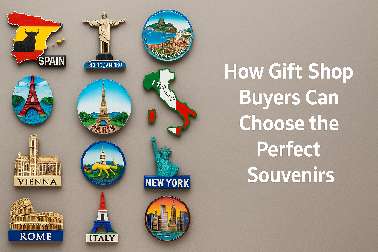 Collage of colorful souvenir magnets on display wall