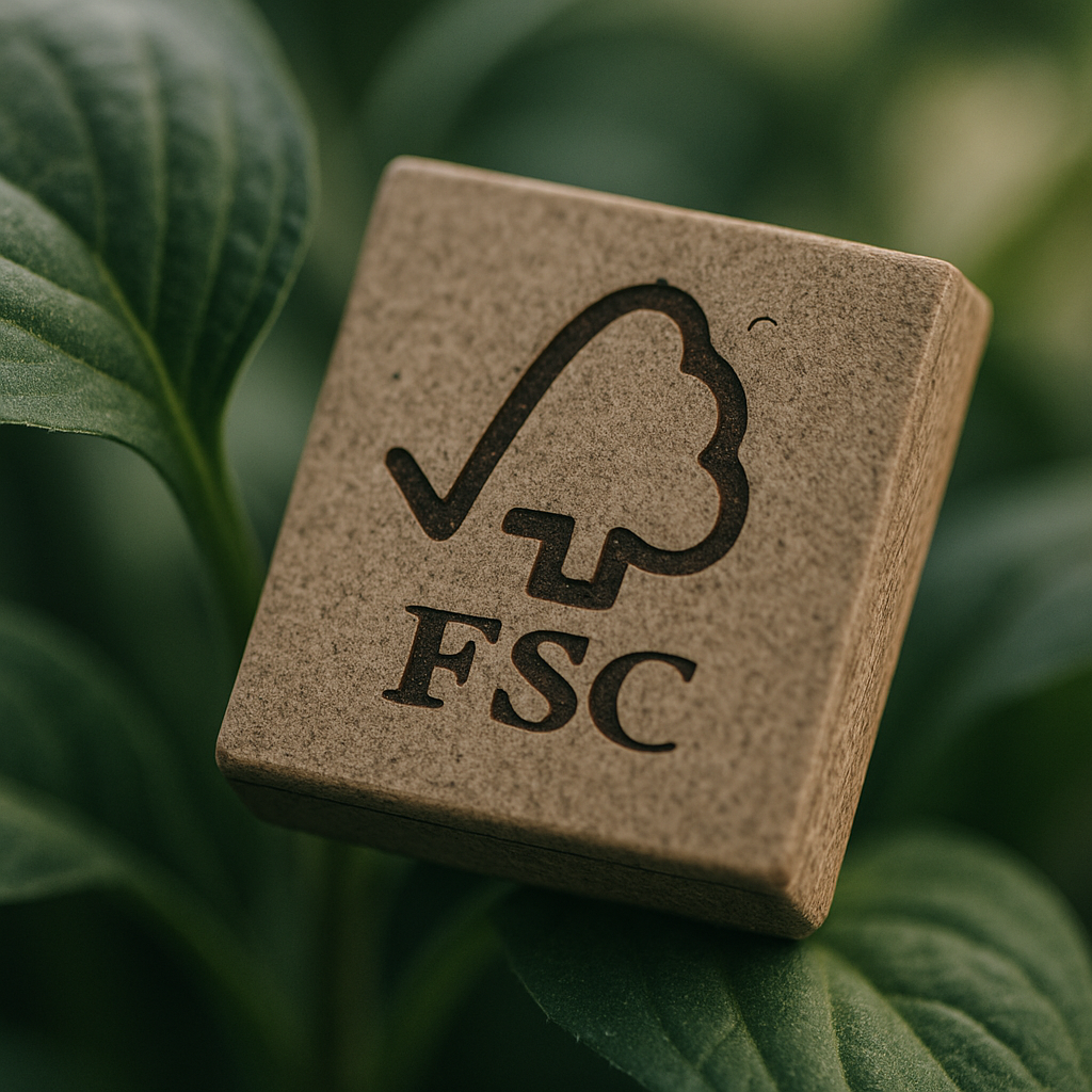 Close‑up of FSC‑certified mark on wooden souvenir magnet