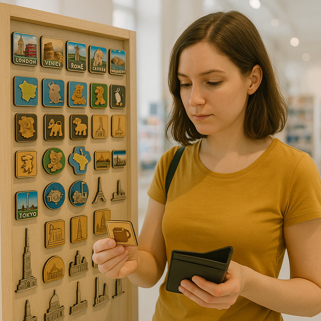 A visitor is carefully selecting or paying for magnetic tiles in front of a display cabinet