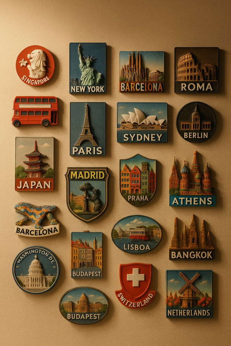 Wall display of various city/country tiles