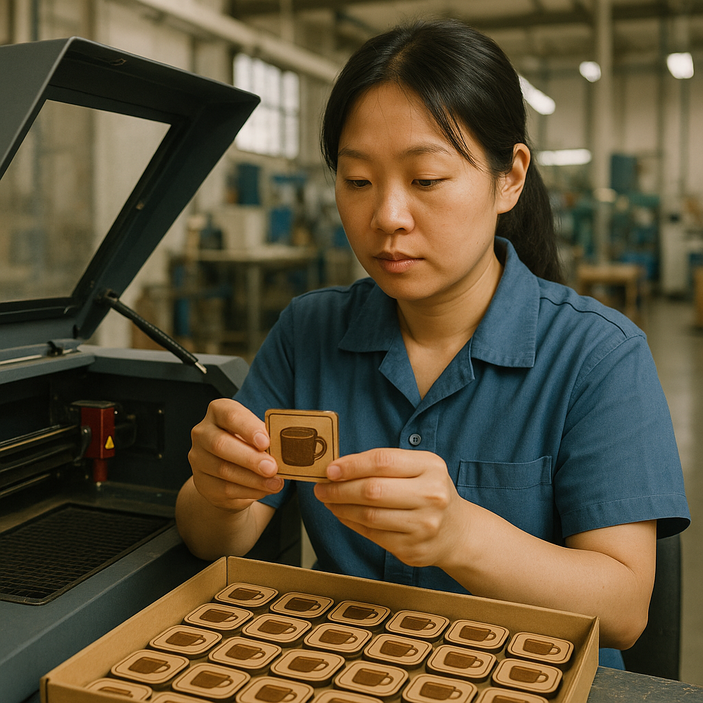 Asian female worker is operating laser engraving machine or packaging custom magnets