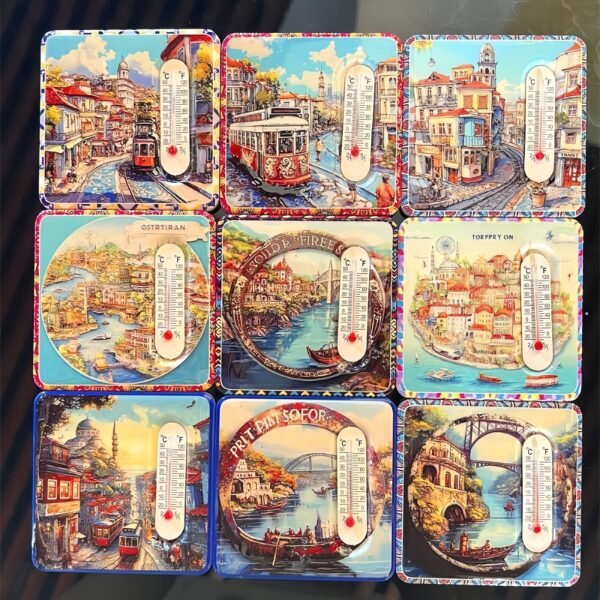 Manufacturers Wholesale Square Thermometer Refrigerator Magnet 3d Embossed Gold Stamping Magnet European And American City Travel Souvenirs