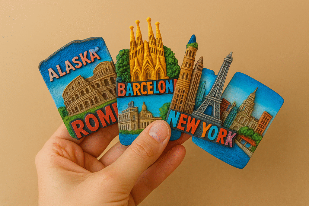 Person holding a selection of custom fridge magnets