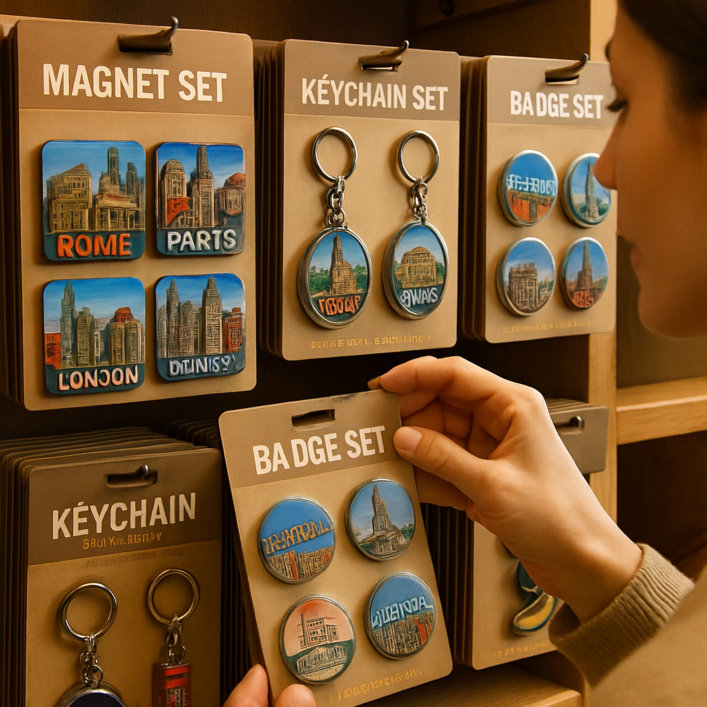 Travel souvenir gift sets displayed on retail shelves
