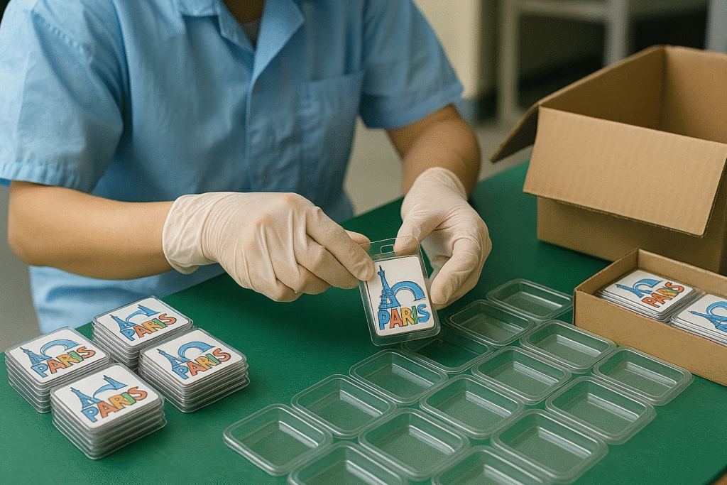Factory worker assembling or packaging custom magnets.