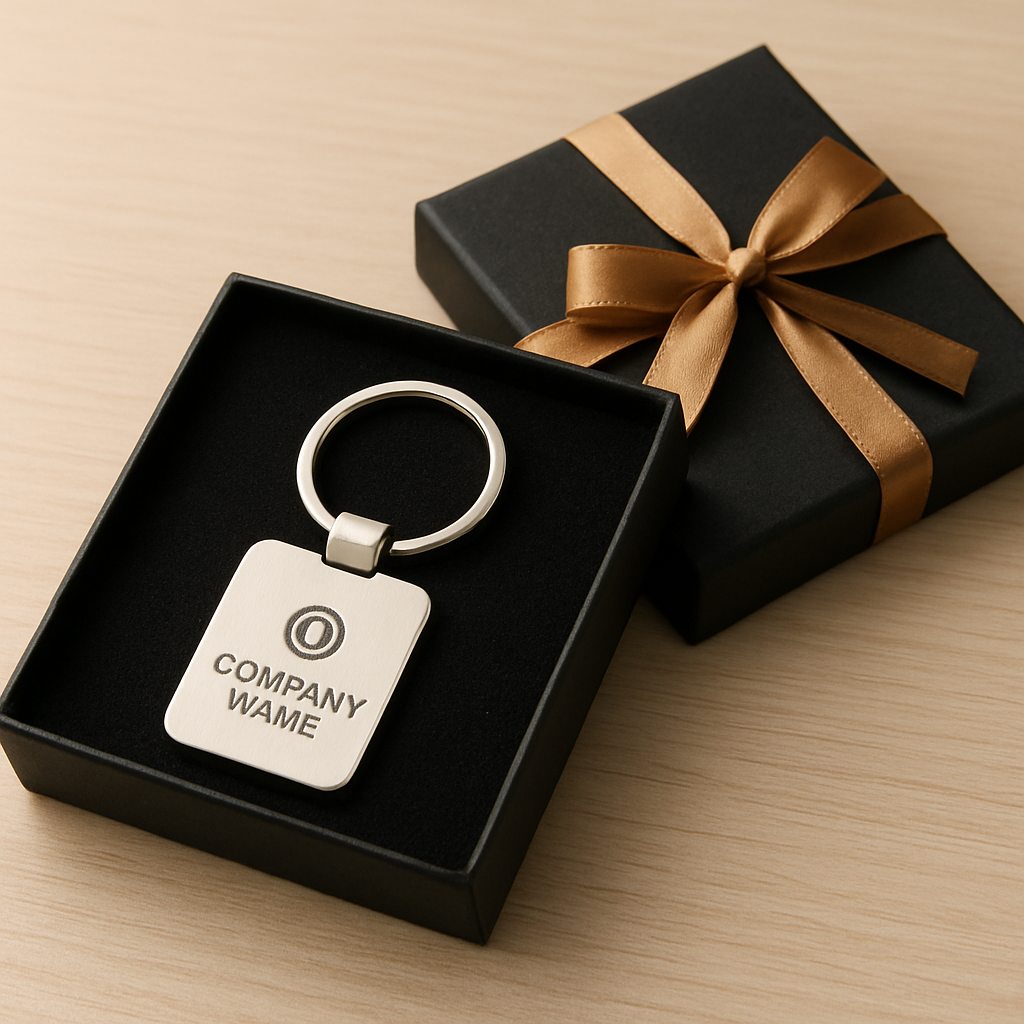 Gift box with personalized promotional keychain inside