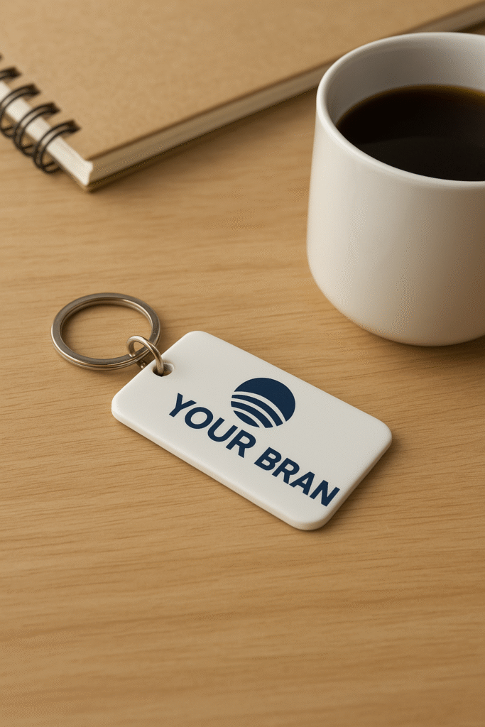 Custom promotional keychains on a desk with notebook and coffee cup