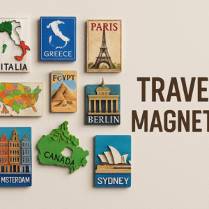 Wall grid of diverse magnets (maps, landmarks) on neutral backdrop, right side 30% negative space with title overlay.