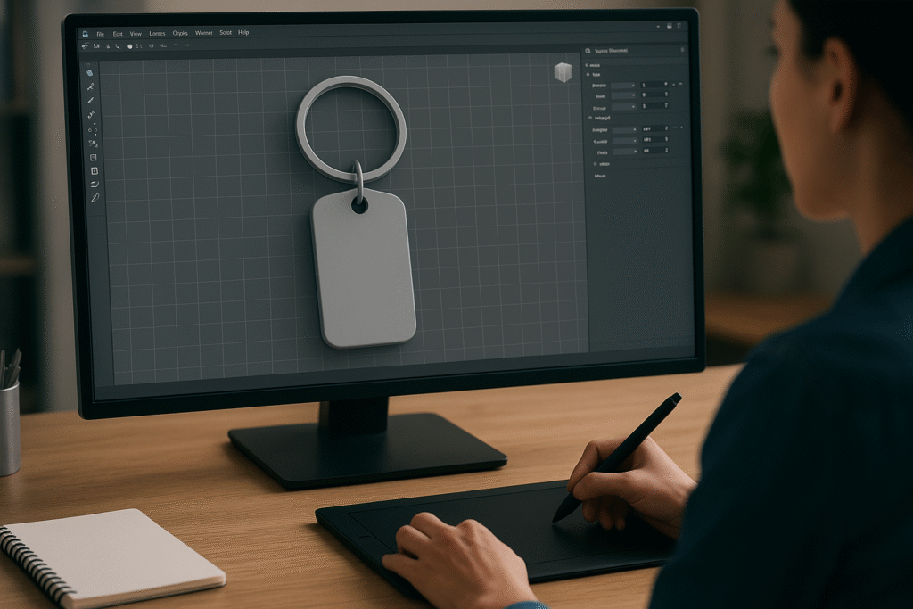 Designer working on custom keychain 3D model on computer screen