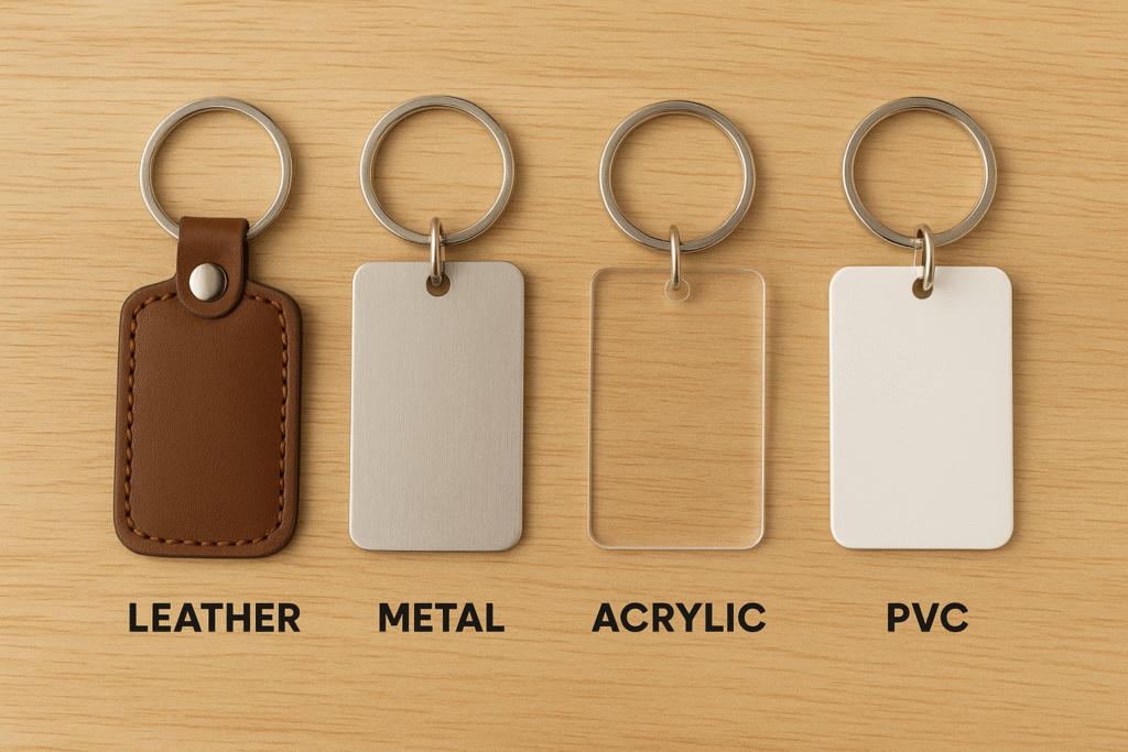 Leather metal acrylic and PVC custom keychains displayed side by side