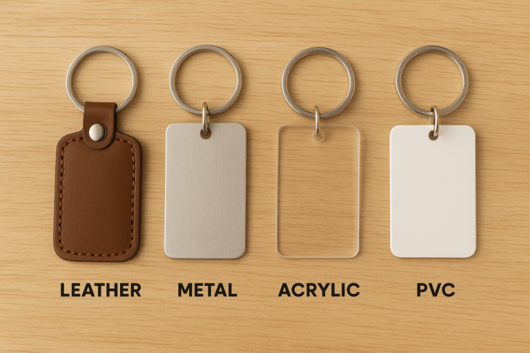 Leather metal acrylic and PVC custom keychains displayed side by side