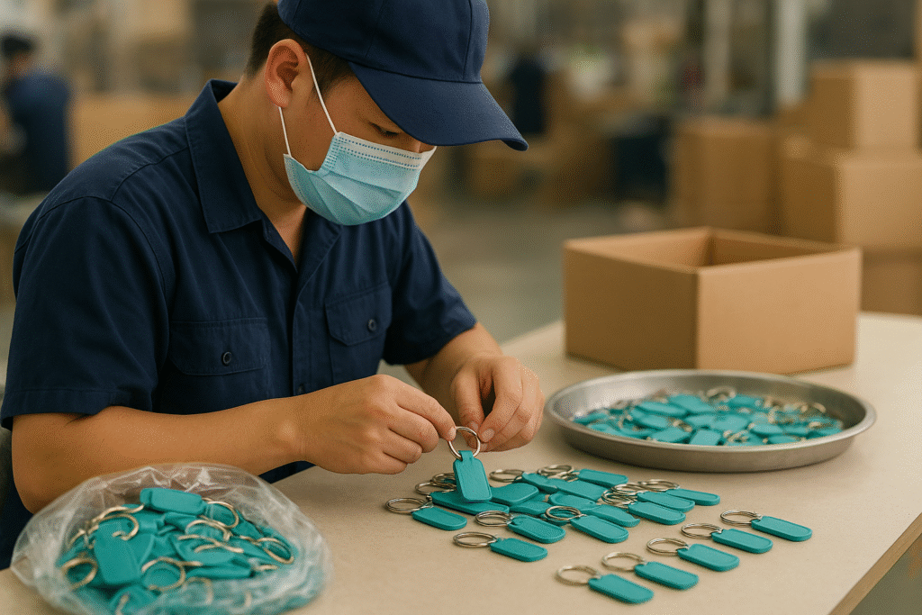 Factory worker assembling or packaging custom promotional keychains