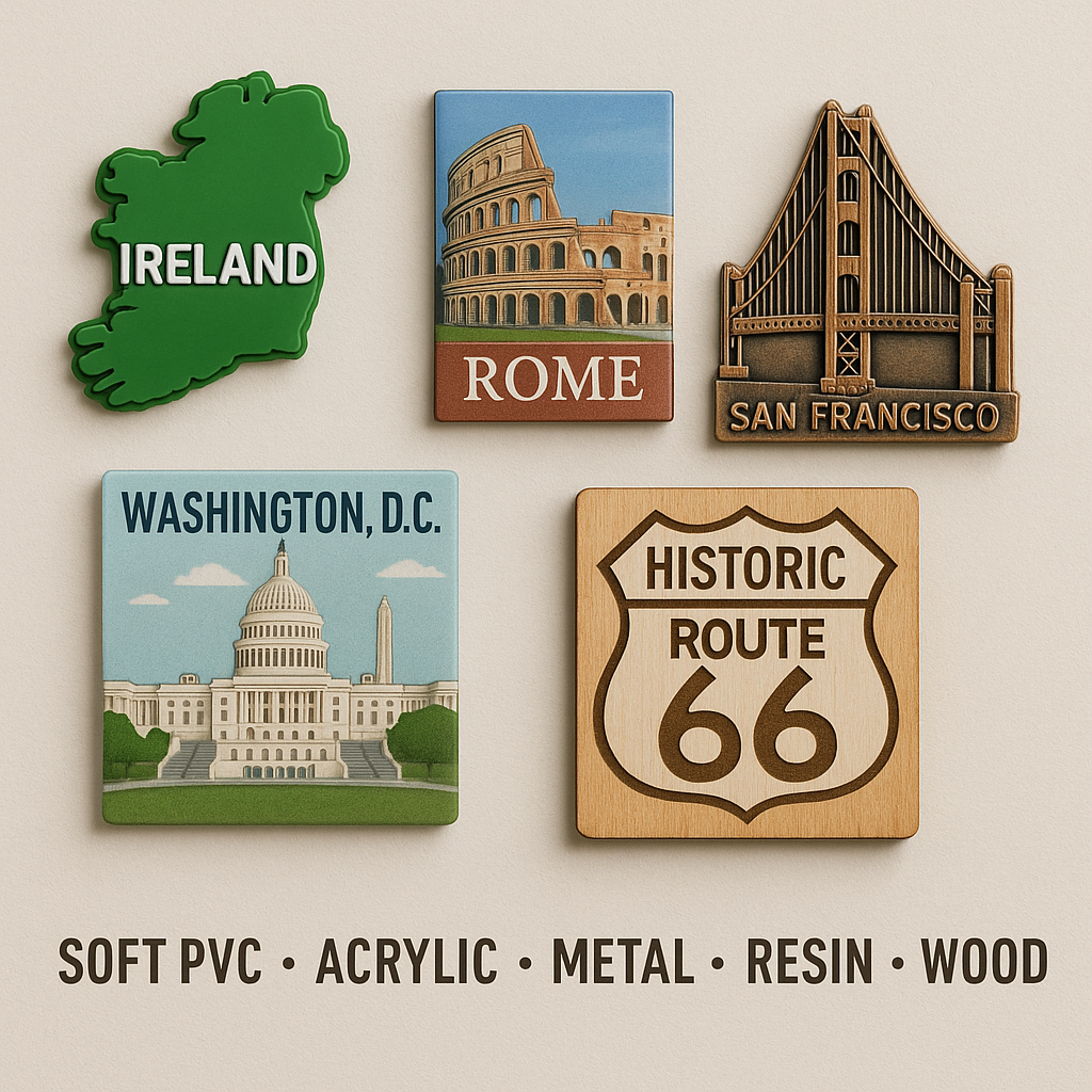 Flat-lay of magnet samples (soft PVC, acrylic, metal, resin, wood).