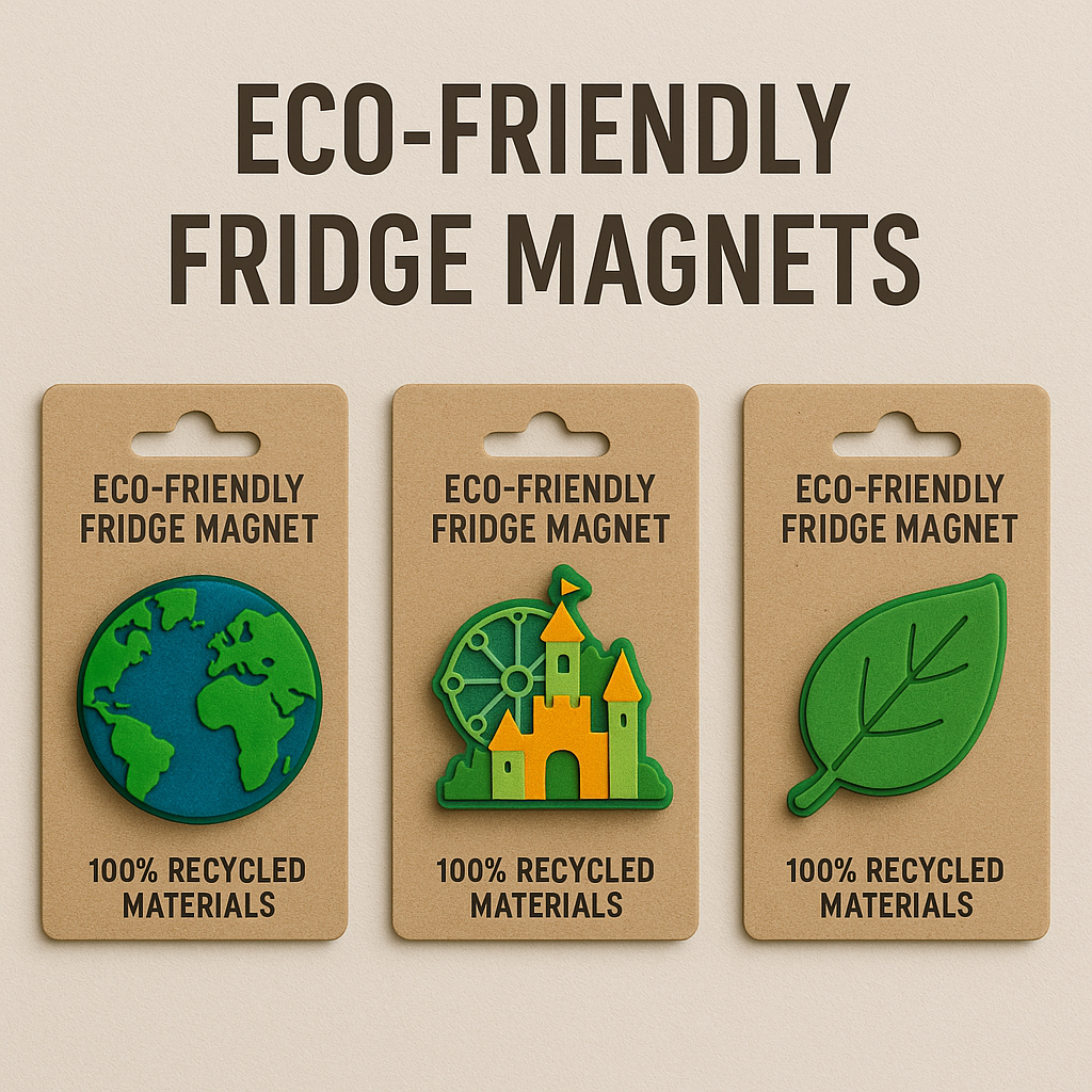 Eco-friendly fridge magnets in recycled packaging.