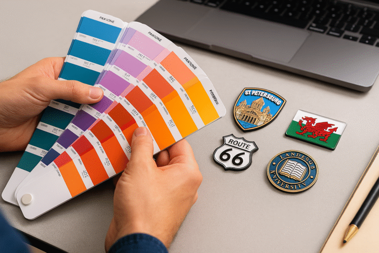 Pantone color swatches matched with custom enamel badges