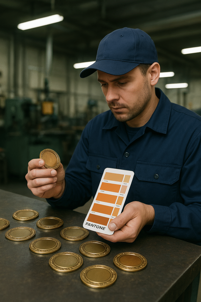 Factory worker checking medals against Pantone swatches.