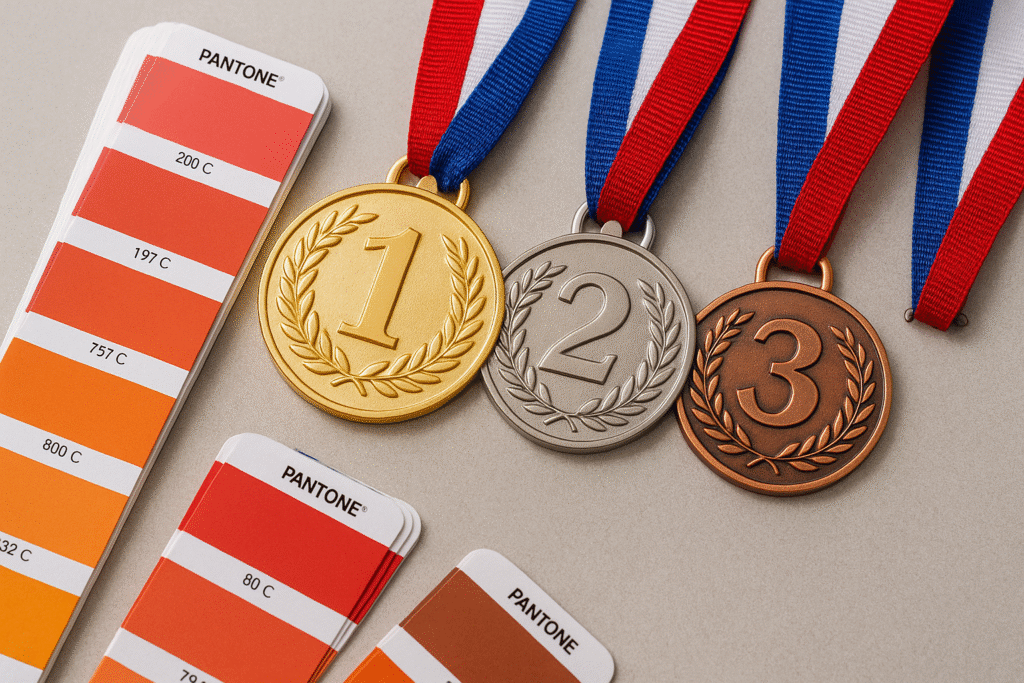 Custom sports medals matched with Pantone swatches.