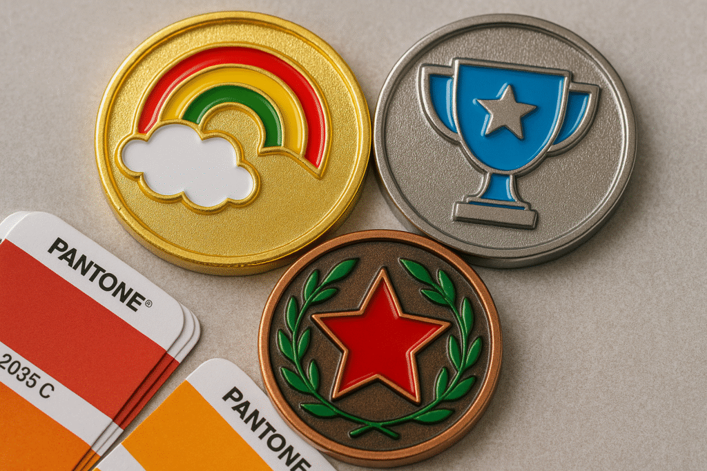 Custom souvenir coins with Pantone enamel colors.