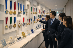 Examining awards in a modern corridor